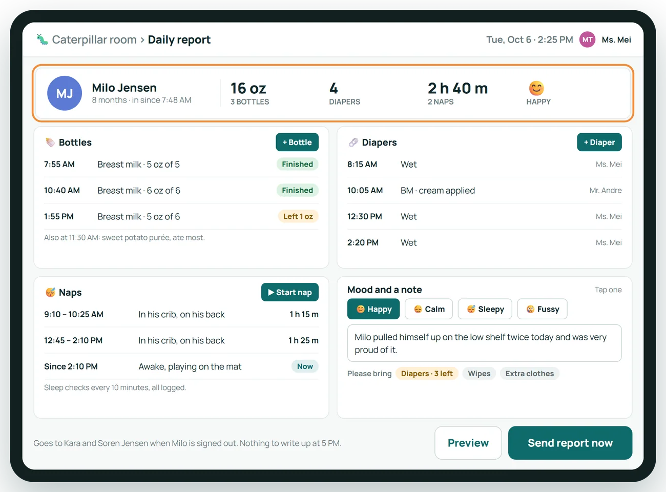 Infant daily reports build themselves