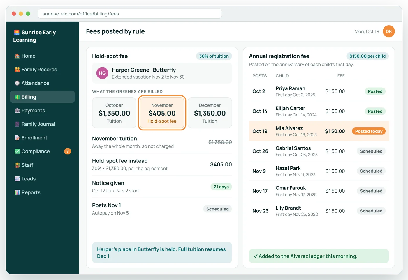 Hold-spot and registration fees, on time